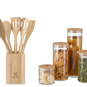 Kit Utensílios de Bambu 6 Peças + Potes Herméticos Porta-Mantimentos com Tampa de Bambu Electrolux